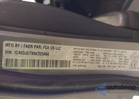 2022 Dodge Durango R/T z USA, uszkodzony, nr VIN 1C4SDJCTXNC223466